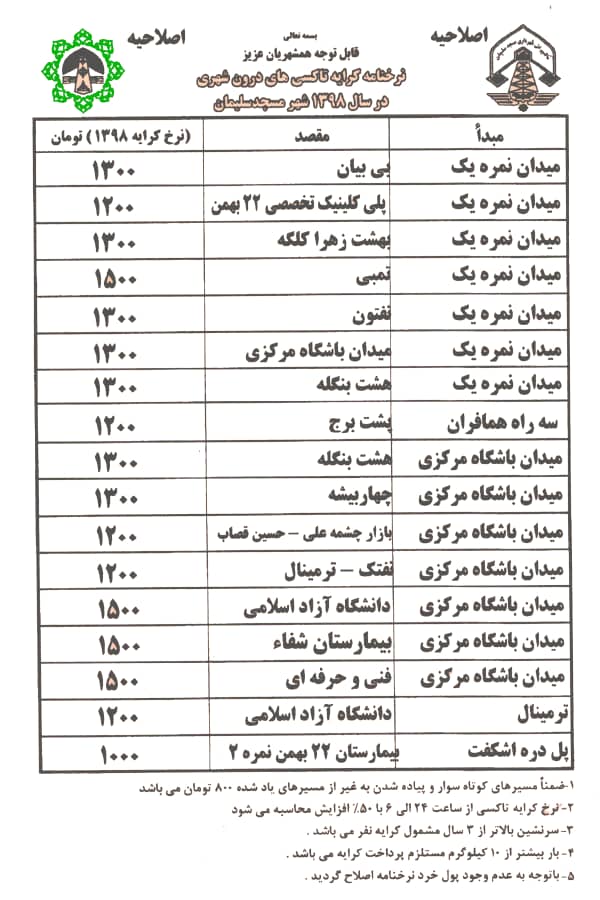 نرخنامه کرایه تاکسی های درون شهری مسجدسلیمان در سال ۹۸ اعلام شد + نرخنامه